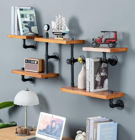 Industrial Rustic Modern Wood Ladder Pipe Wall Mounted Floating Shelves