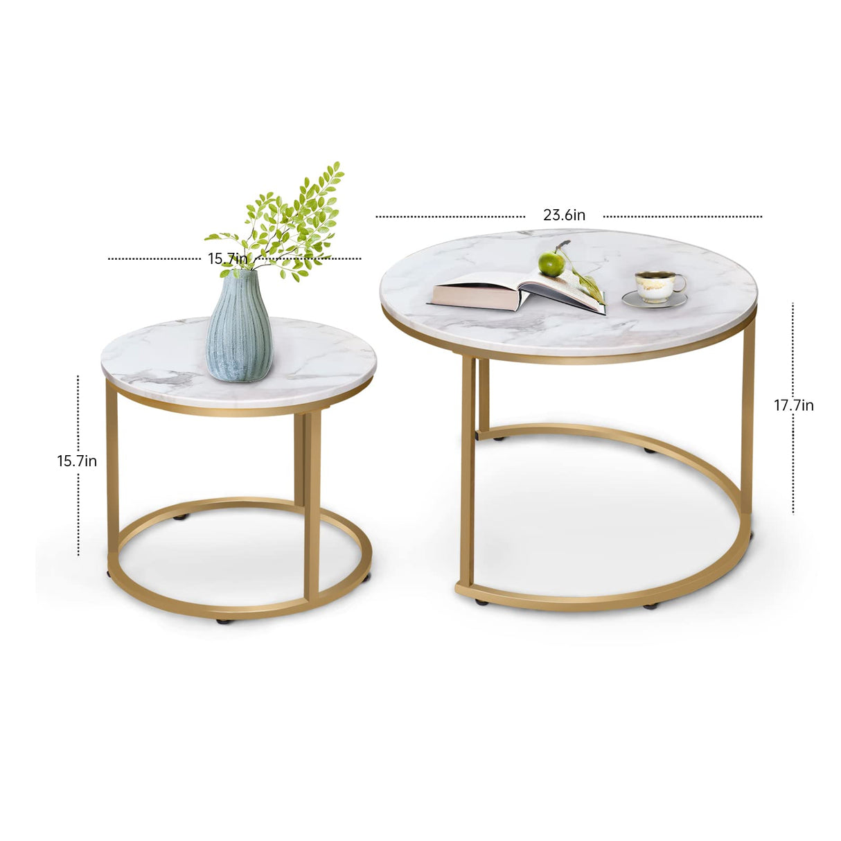 Coffee Table Nesting White Set of 2 Side Set Golden Frame Circular