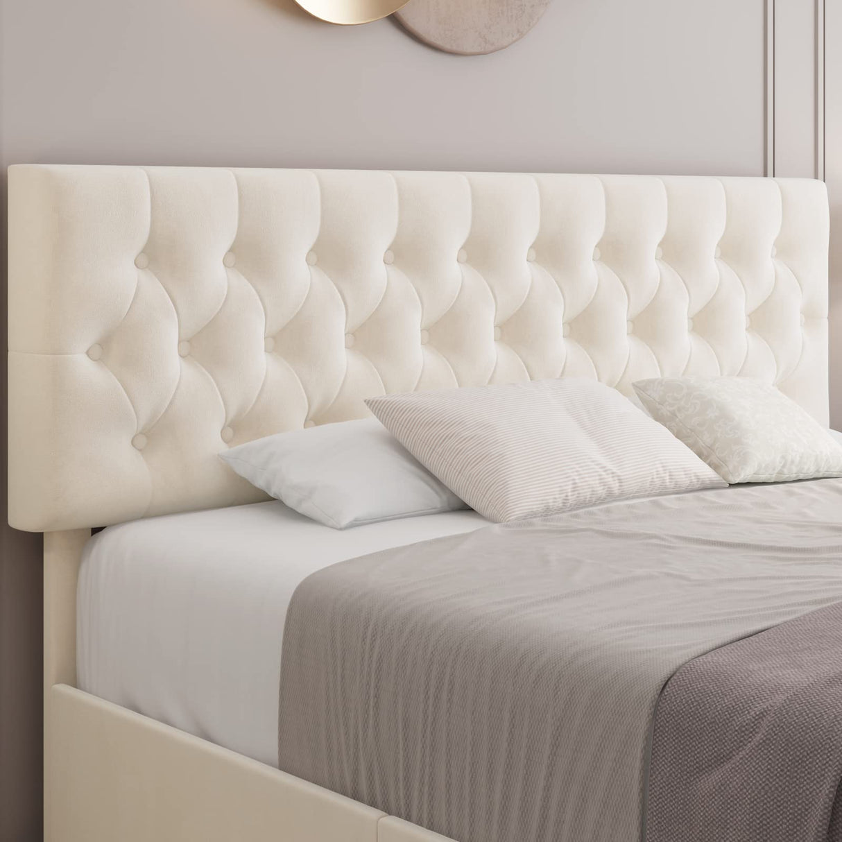 Modern Upholstered Bed Frame with 4 Storage Drawers, Button Tufted Headboard Design