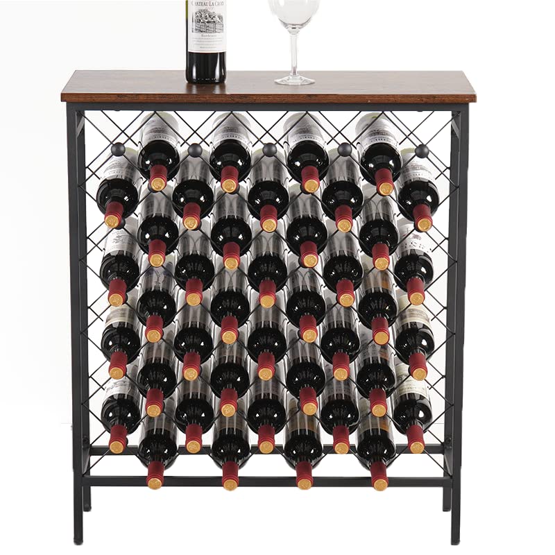 Wine Rack Freestanding Floor with Table Top Wood - Holds 40 Bottles Metal Wine Storage Holder Stand with Wooden Table Floor Wine Rack Display Shelf