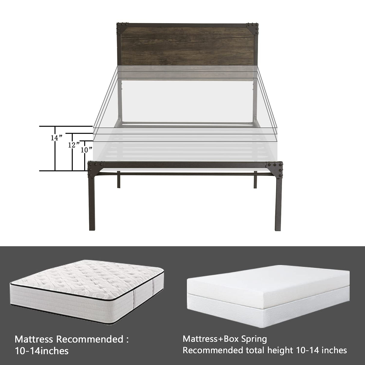 Twin Size Metal Platform Bed Frame with Wood Headboard, Mattress Foundation