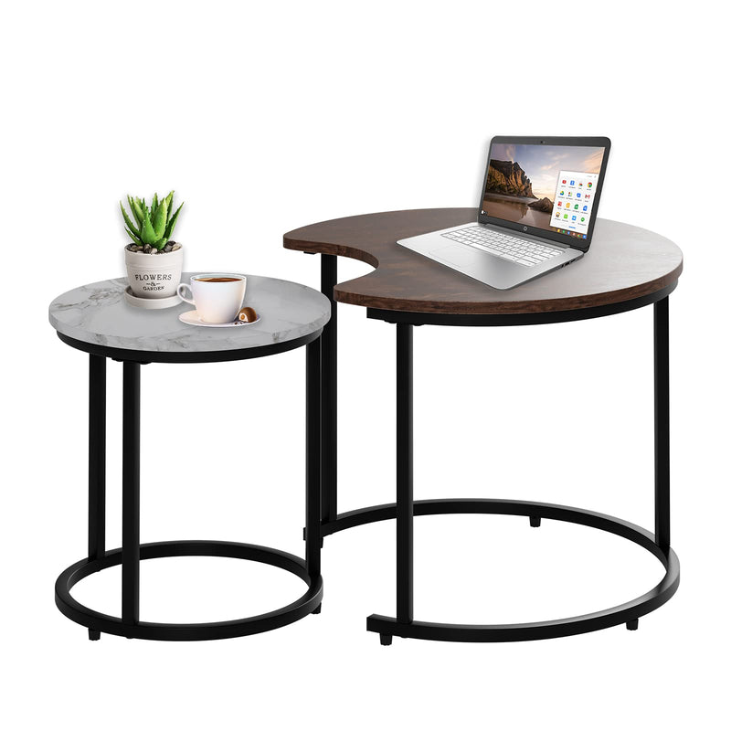 Coffee Nesting Table Set of 2, Creative Moon Nesting Side Table Set, Brown End Table