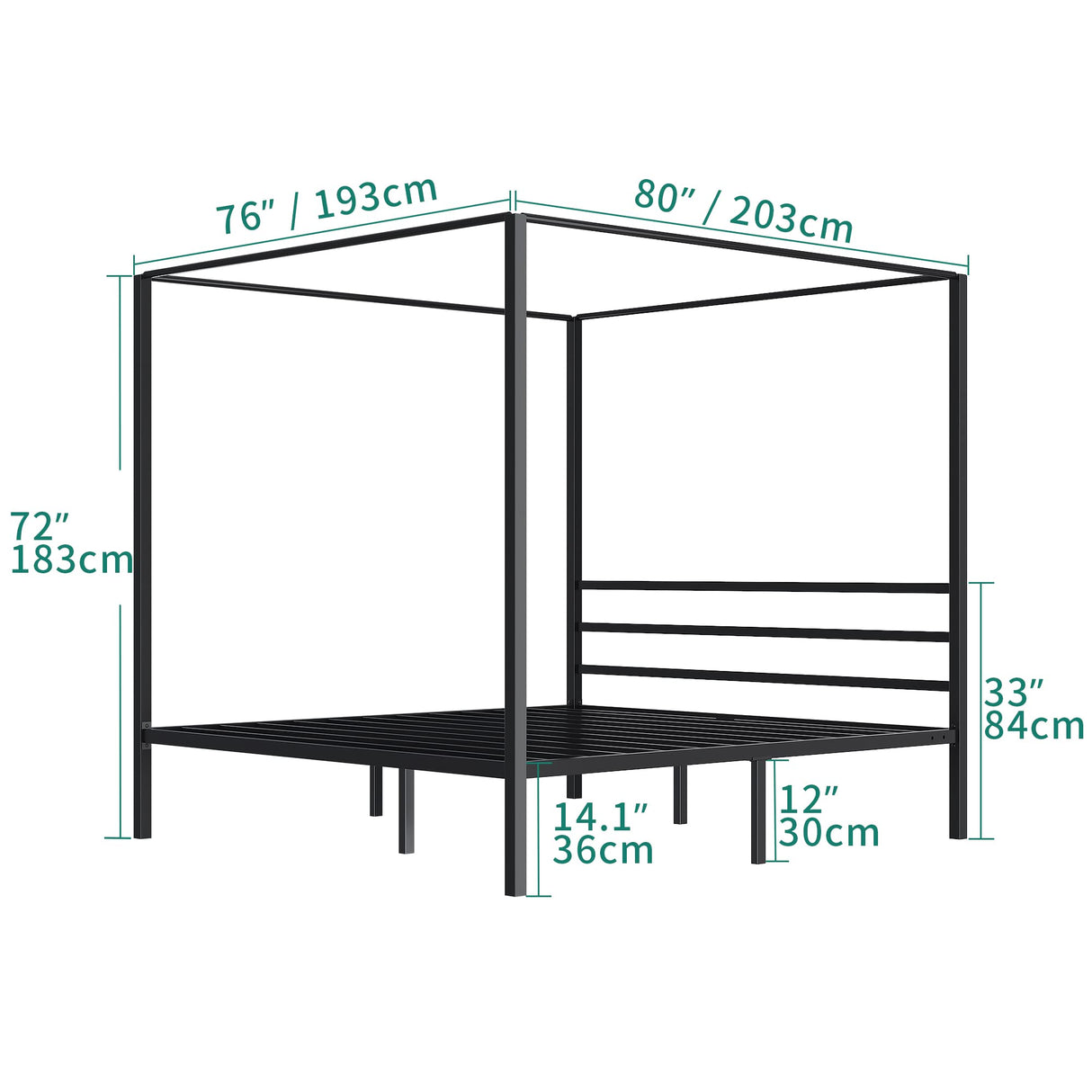 Metal Four Poster Canopy Bed Frame 14 Inch Platform with Built-in Headboard Strong