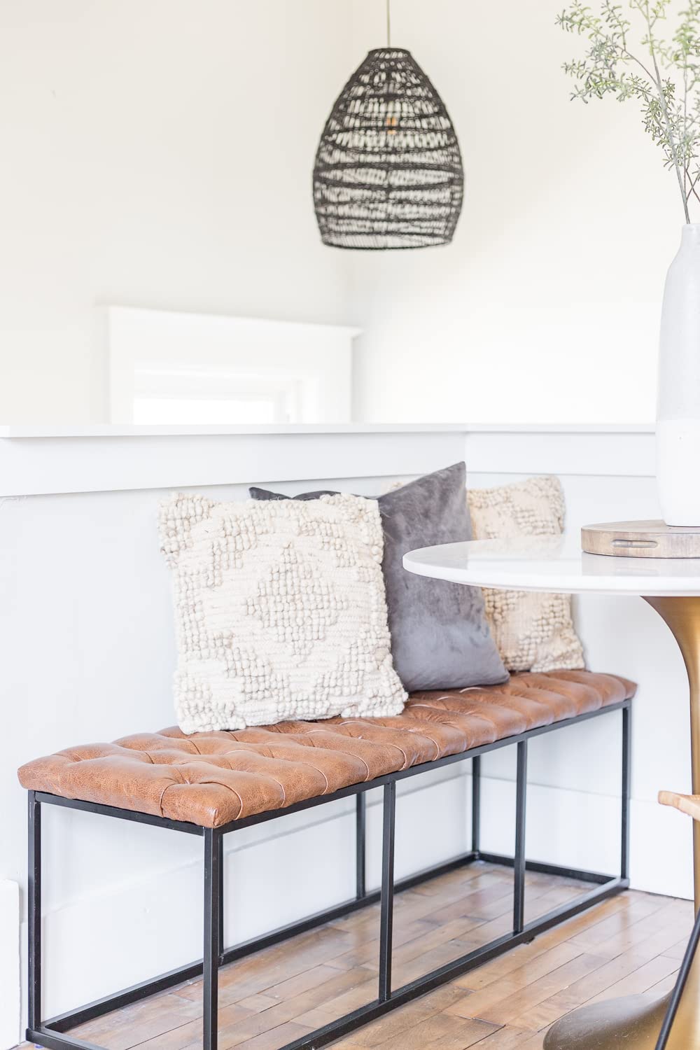 Faux Leather Button Tufted Decorative Bench with Metal Base, Brown