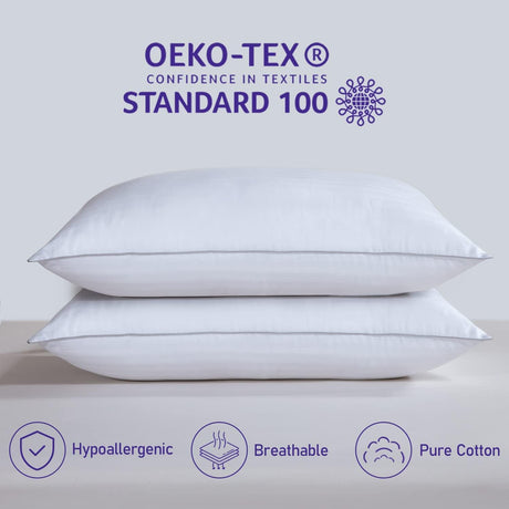 2 Pack Queen Pillows for Sleeping - 100% Breathable Cotton, Soft Plush