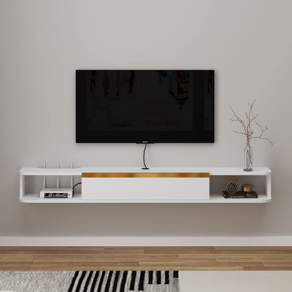 Floating TV Unit, 55'' Wall Mounted TV Cabinet, Floating Shelves with Door