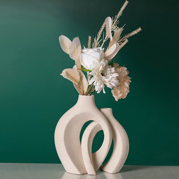 White Hollow Ceramic Vase Set of 2, Round Modern Vase