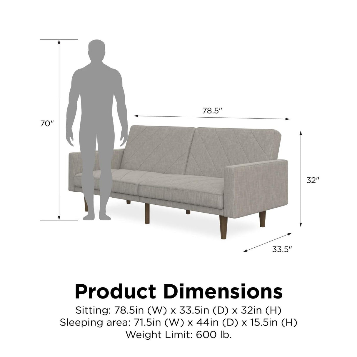 Paxson Convertible Futon Couch Bed with Linen Upholstery and Wood Legs