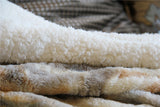 Soft Warm Tan Brown Blue Russian Lynx Faux Fur White Sherpa Bed Blanket