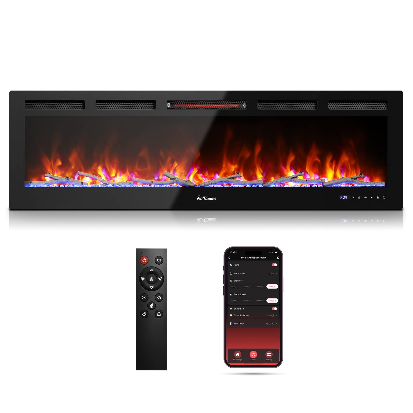 60” Smart WiFi Infrared Electric Fireplace with Sound Crackling and Realistic Flame