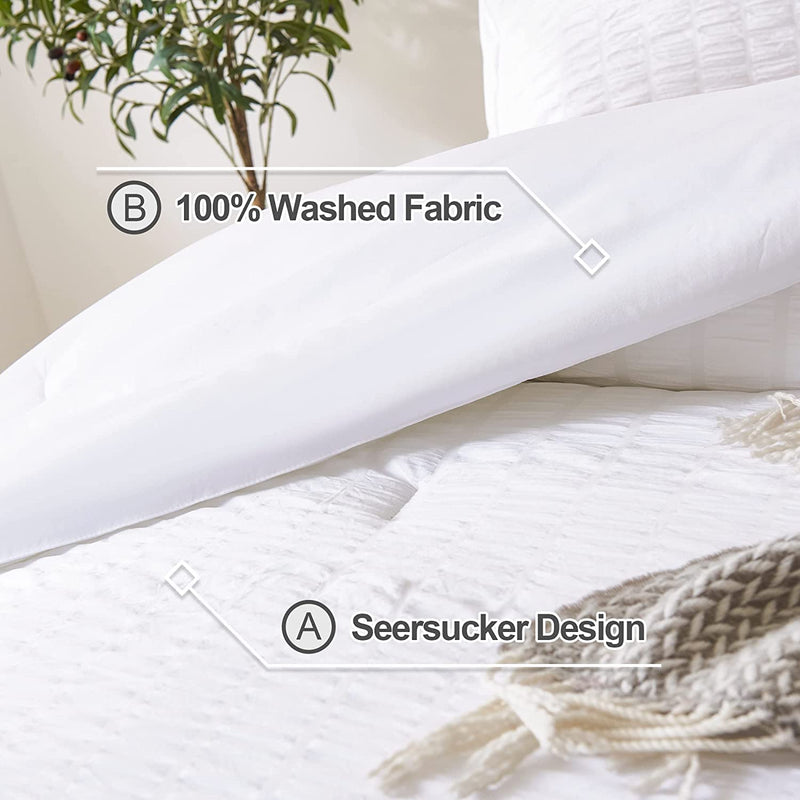 White Twin Size Comforter Set, 2 Pieces Bedding Comforter Sets (1 Seersucker Textured Comforter & 1 Pillowcase), Lightweight Microfiber Down Alternative Bed Set (66x90 inches)