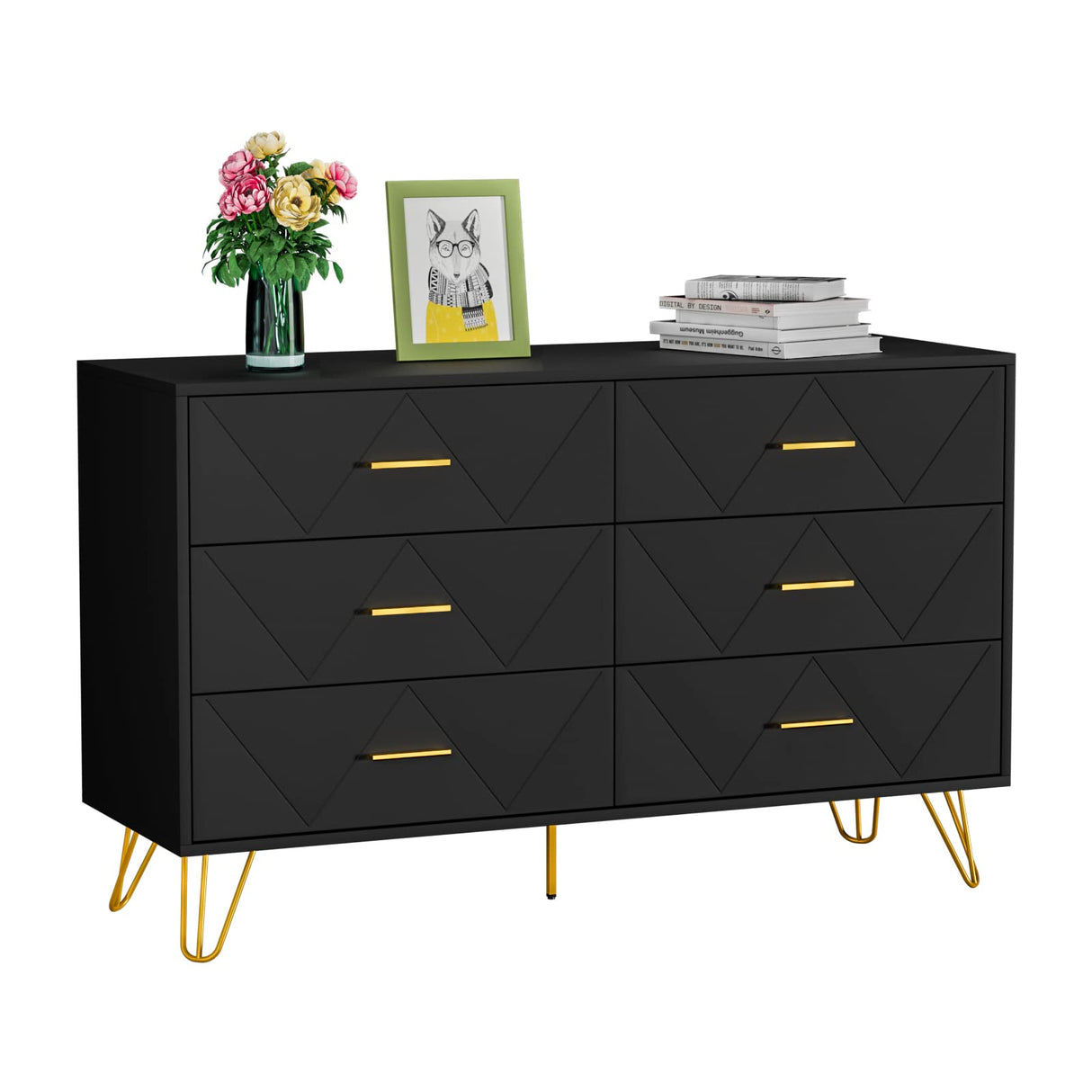 Black Dresser for Bedroom, Modern Dresser for Bedroom, 6 Drawer Double Dresser