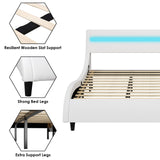 Modern Upholstered Platform Bed Frame with LED Lights and Curved Headboard, Faux Leather