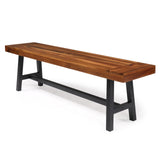 Outdoor Rustic Acaica Wood Bench with Metal Legs, Garden Dining