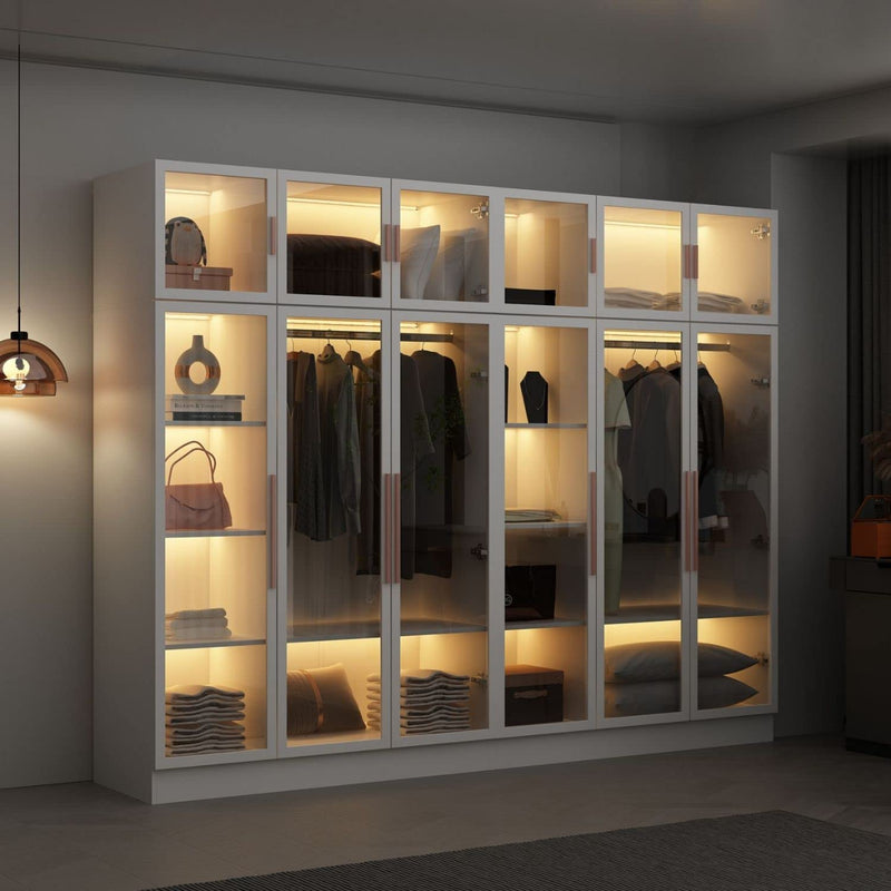Bedroom Armoire Wardrobe Closet with Glass Doors & Lights, Armoires and Wardrobes with Shelves, Hanging Rod