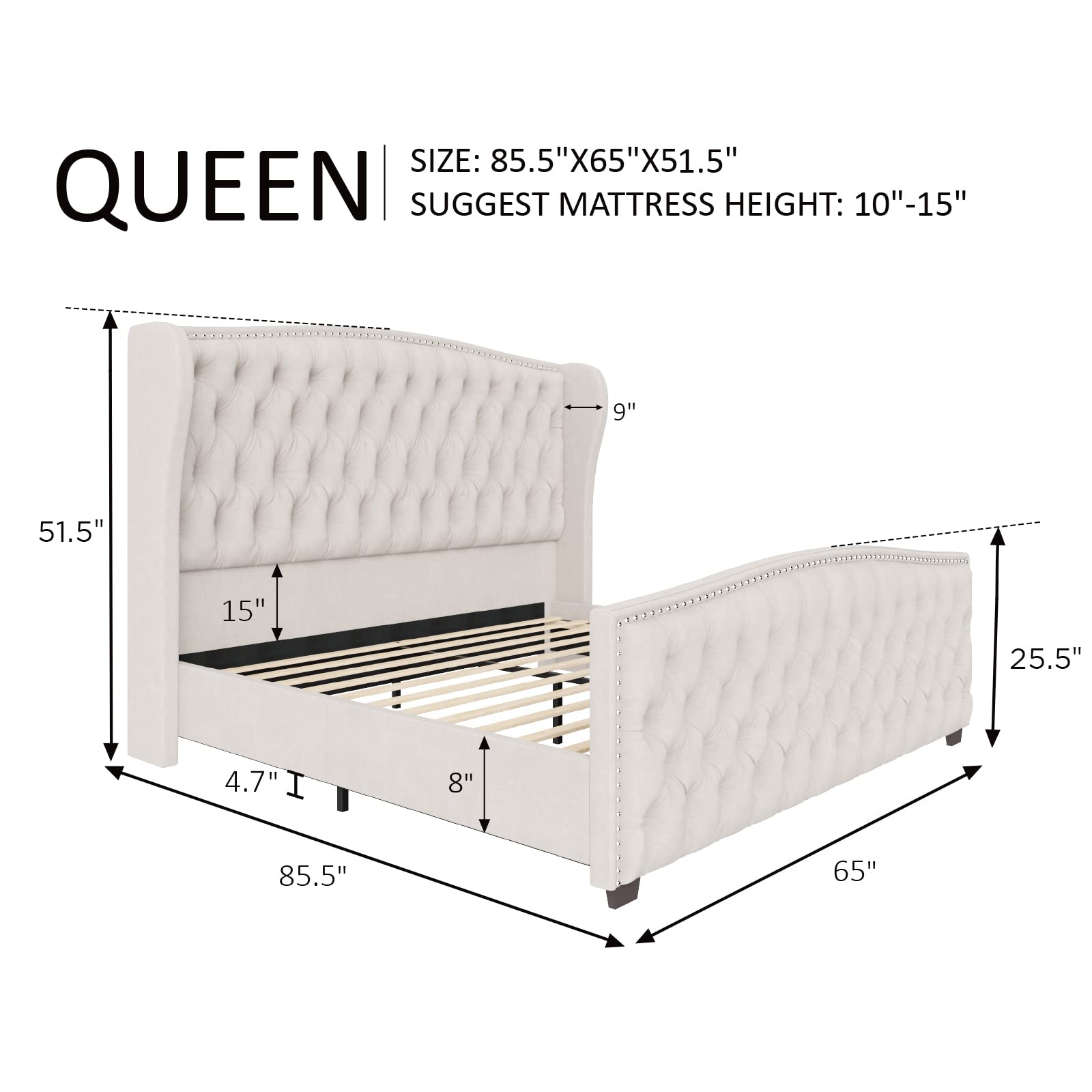Luxury Velvet Upholstered Platform Bed, Tufted Wingback Headboard