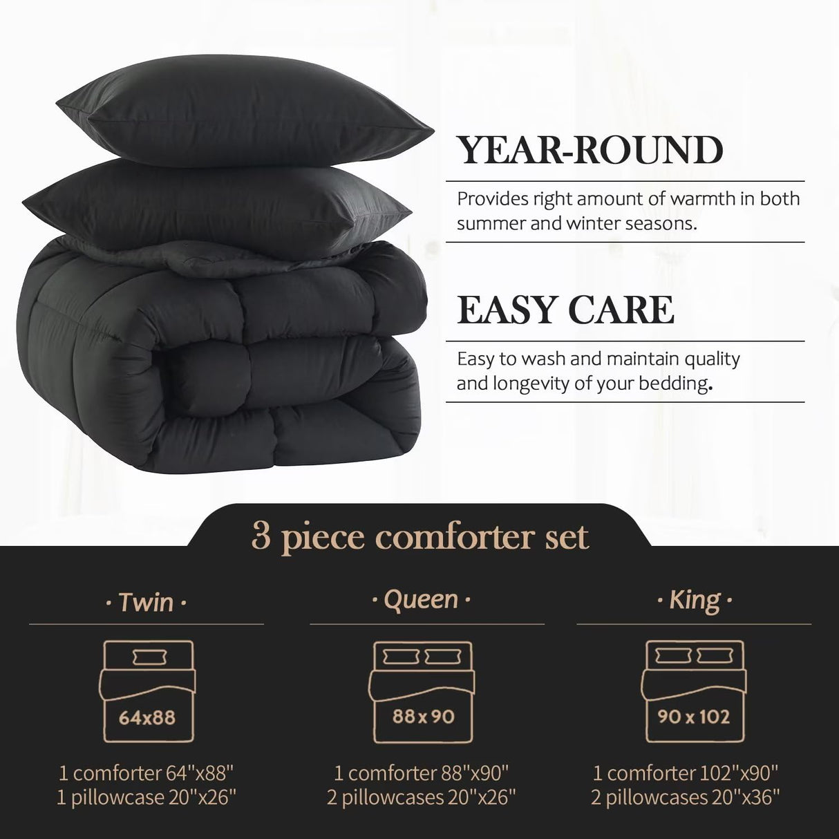 Queen Comforter Set, Black Lightweight 3 Pieces Bedding Set for All Season