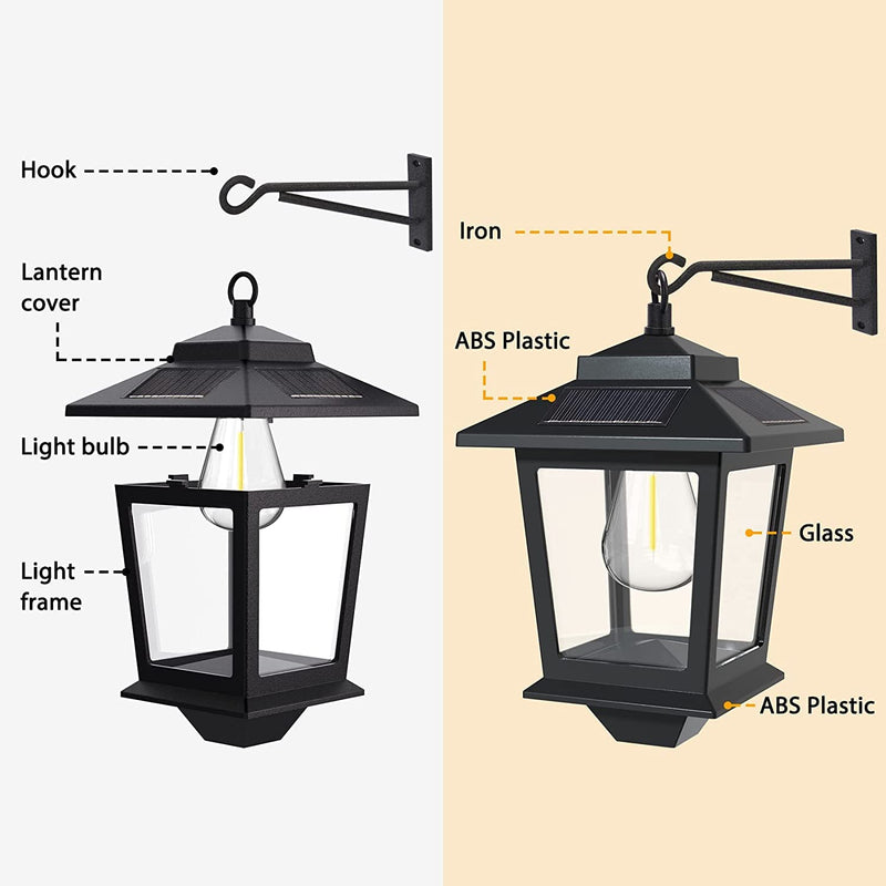2 Pack Solar Wall Lanterns with Replaceable Bulb, Outdoor Hanging Solar Lights