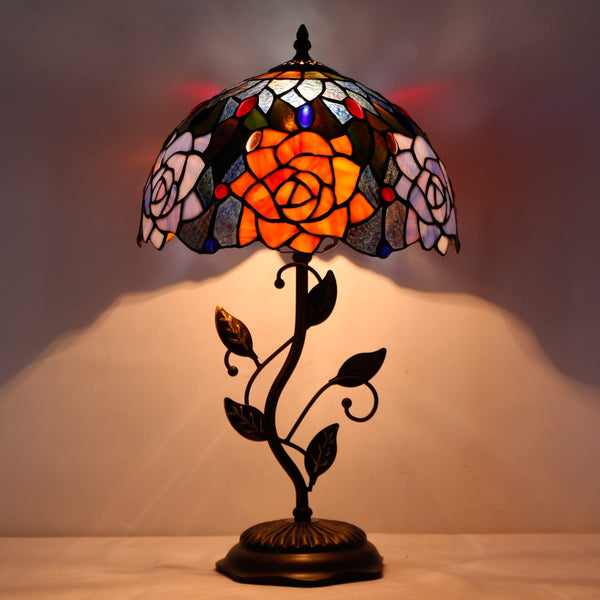 Tiffany Table Lamp, Stained Glass Lamp,Rose Desk Light W12H19 Inch Antique Iron Metal