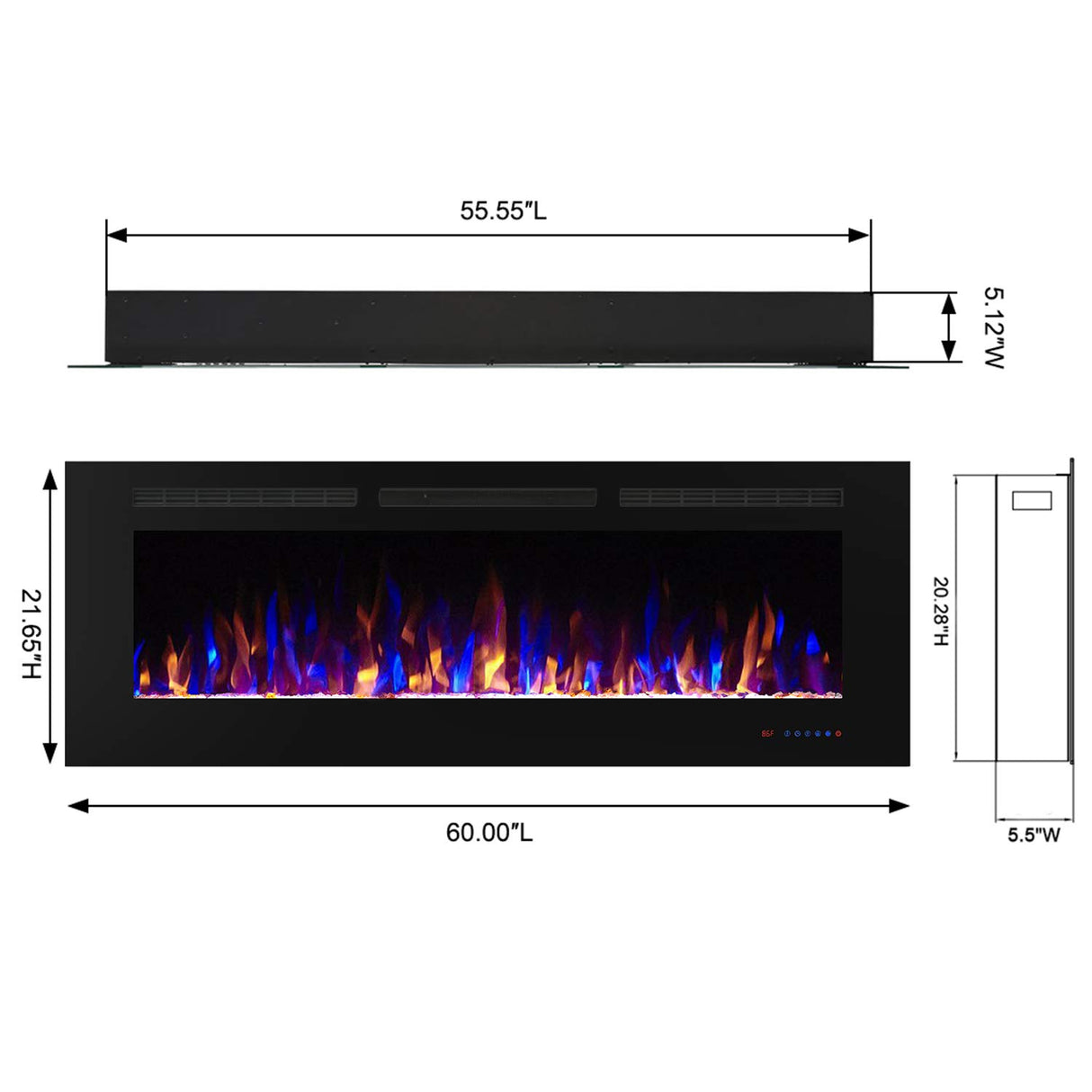 60" Recessed Electric Fireplace Insert, 5 Flame Settings, Log Set or Crystal Options