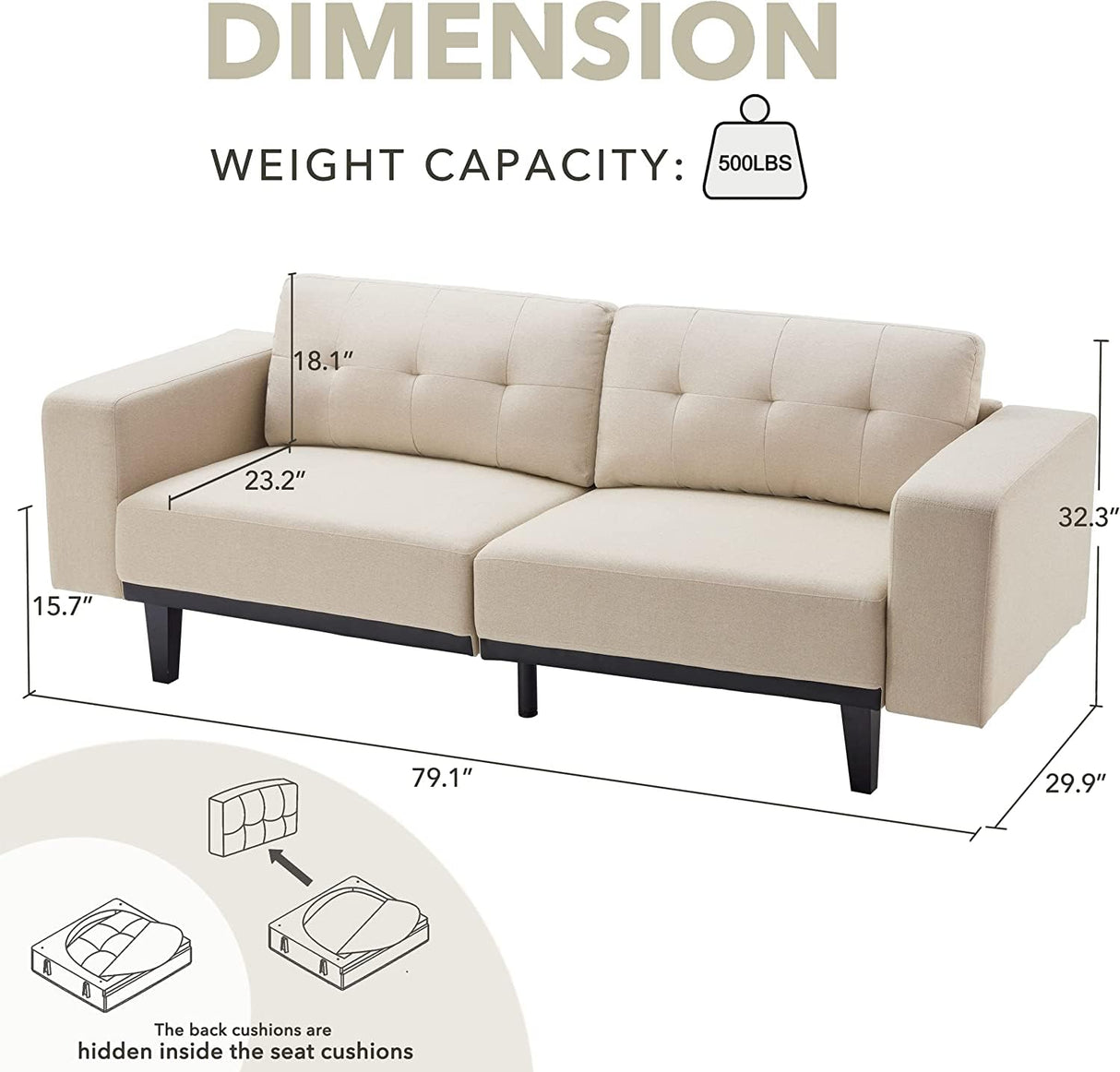 Mid Century Modern Couch, 79" W Oversized Loveseat Sofa, Linen Living Room Couch