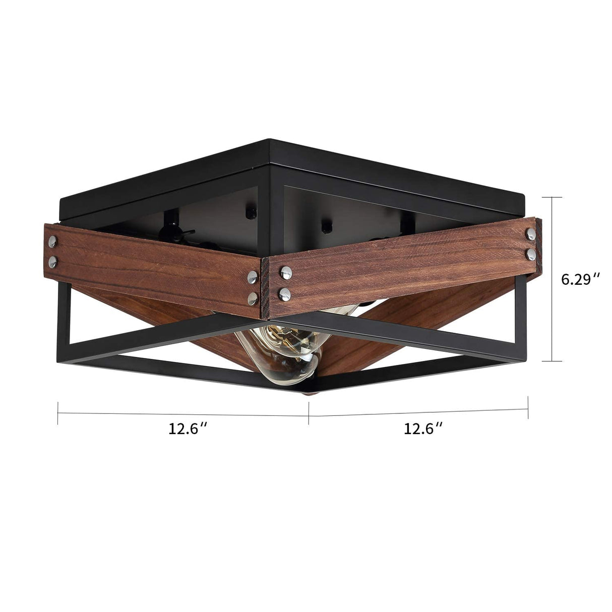 Rustic Industrial Flush Mount Light Fixture Two-Light Metal and Wood Square Flush Mount Ceiling Light