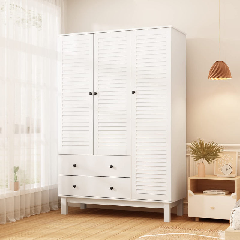 3 Shutter Door Wardorbe Closet with Drawers & Shelves, Armoire Wardrobe Closet with Hanging Rod