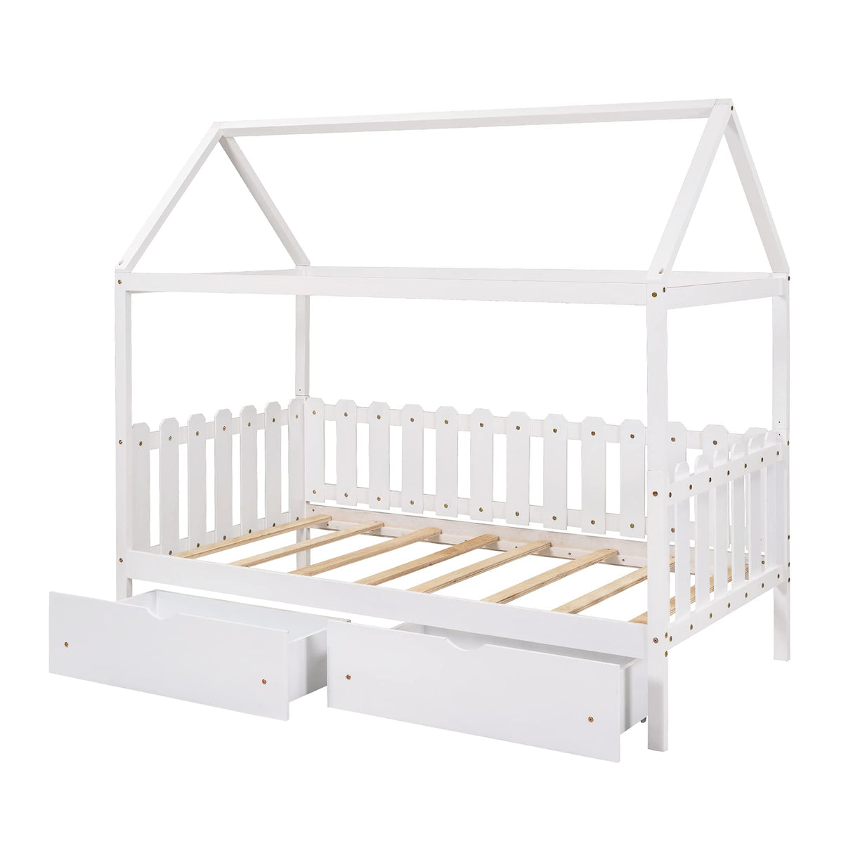 House Bed Twin, Wood House Bed Frame, House Twin Bed with Fence-Shaped