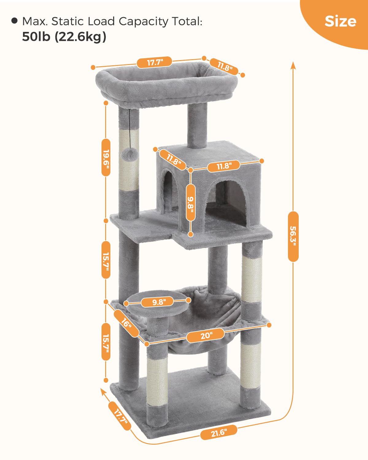 Cat Tree for Large Cats Adult with Metal Plush Big Hammock, 56.3" Cat TowerZ