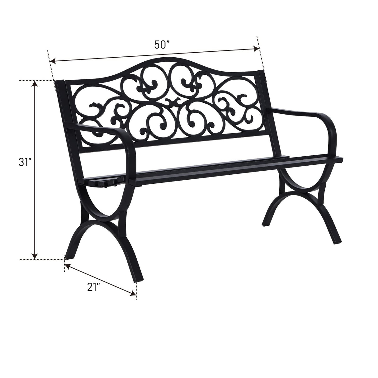 50 Inches Outdoor Garden Bench ,Cast Iron Metal Frame Patio Park Bench with Floral Pattern