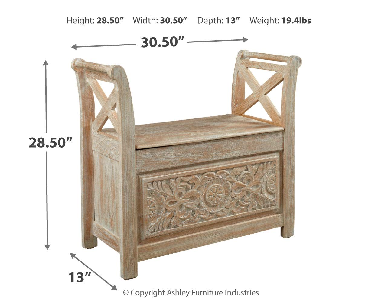 Fossil Ridge Boho Storage Accent Bench, Vintage White