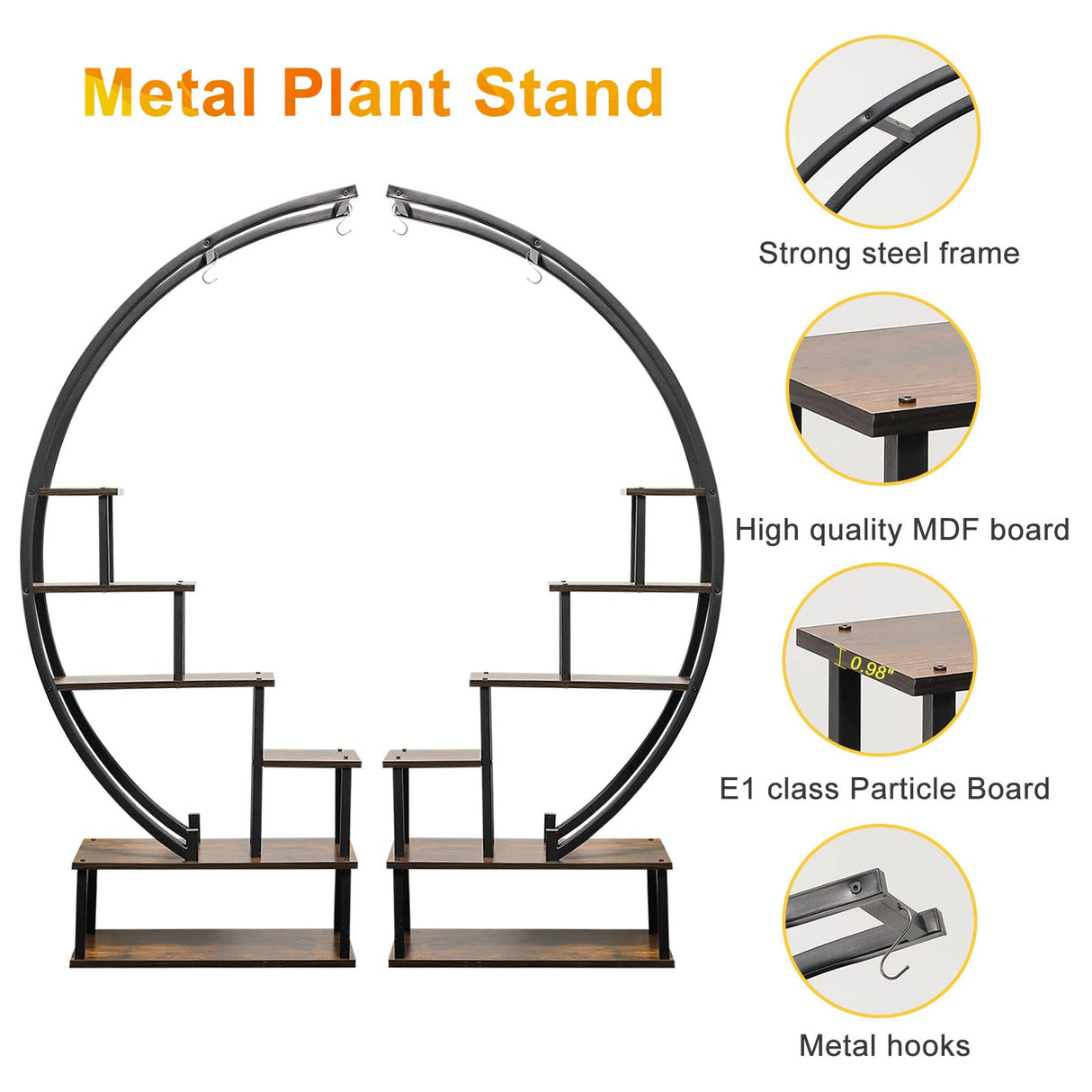 2 Pcs 6 Tier Tall Metal Indoor Plant Stand Half-Moon-Shaped Plant Shelf Holder