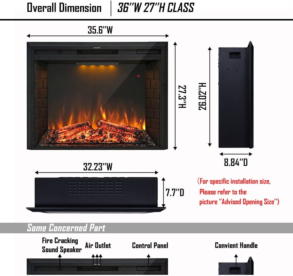 Retro Recessed Fireplace Heater with Fire Cracking Sound