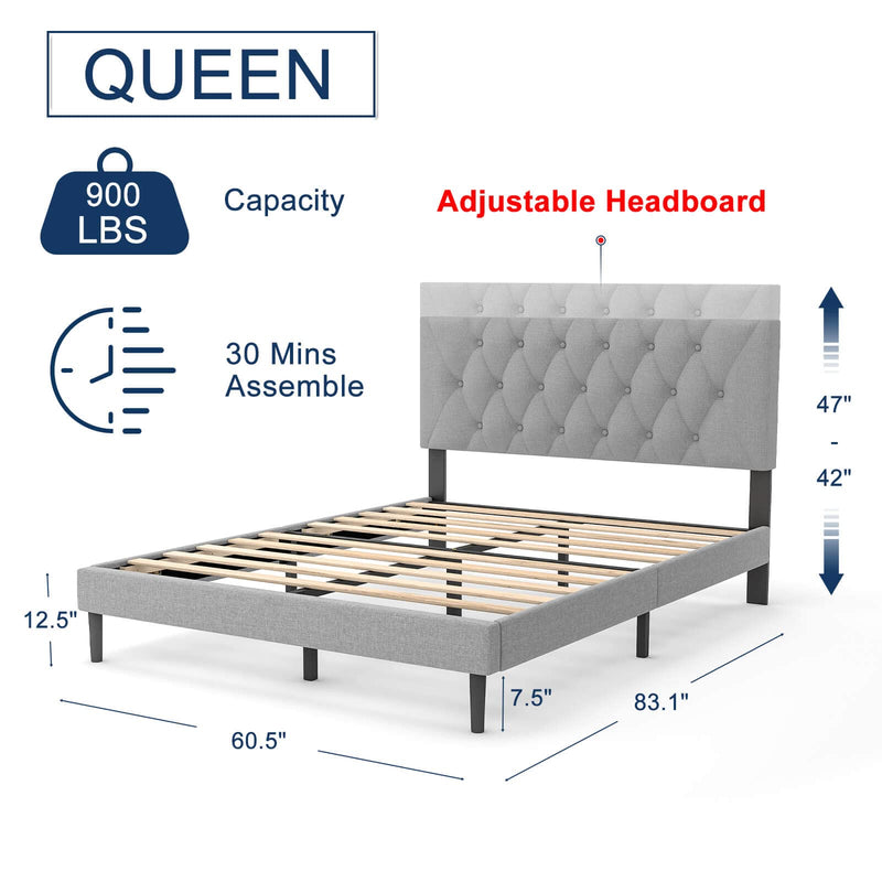 Queen Bed Frame with Adjustable Headboard, Linen Fabric Wrap, Strong Frame and Wooden Slats Support