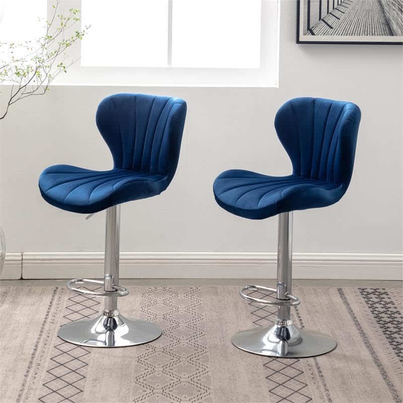 Ellston Velvet Adjustable Swivel Barstools in Blue, Set of 2