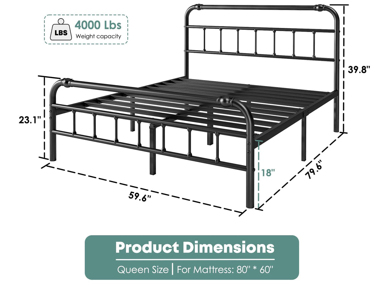 Queen-Bed-Frame-with-Headboard and Footboard, 18 Inch Metal Platform Bed-Frame