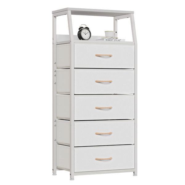 White Dresser with 5 Drawers, Vertical Storage Tower Fabric Dresser for Bedroom