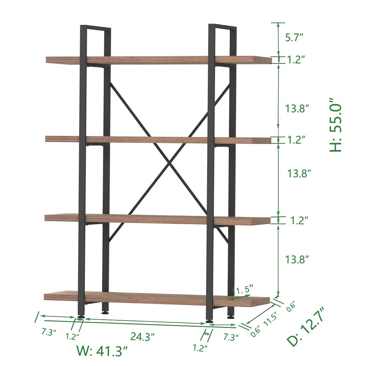 Industrial 4 Tier Bookshelf, Modern Metal and Wood