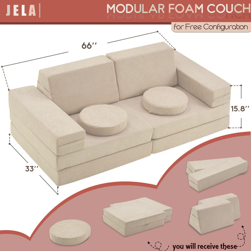 Kids Foam Couch Set 10 Pieces Sand Beige Miss Fabric