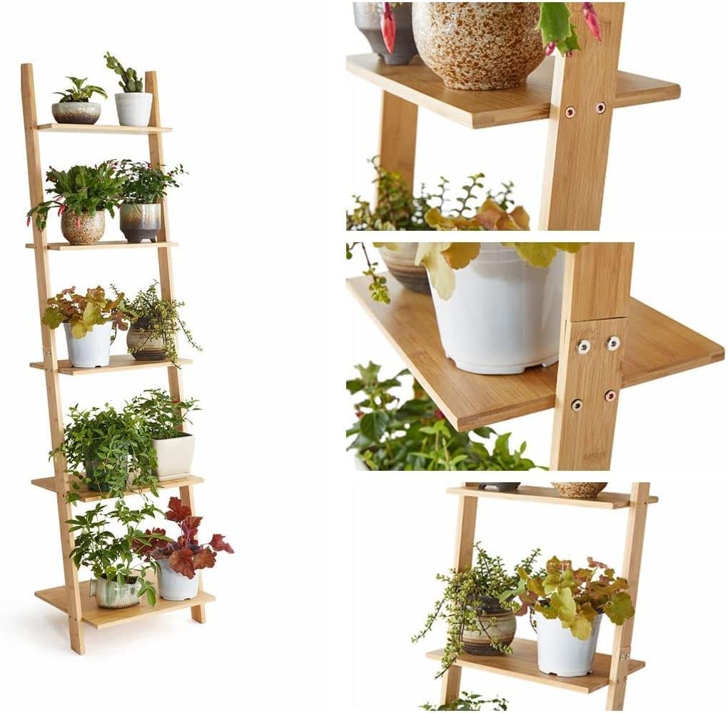 Ladder Shelf 5-Tier Bookshelf –Bamboo Rack Shelves Wall Leaning Shelf