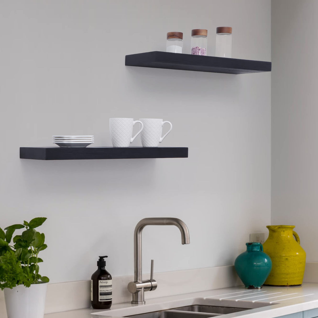 Black Floating Shelves, 8 Inch Deep Shelves for Wall, Farmhouse Rustic Wood Wall Shelves