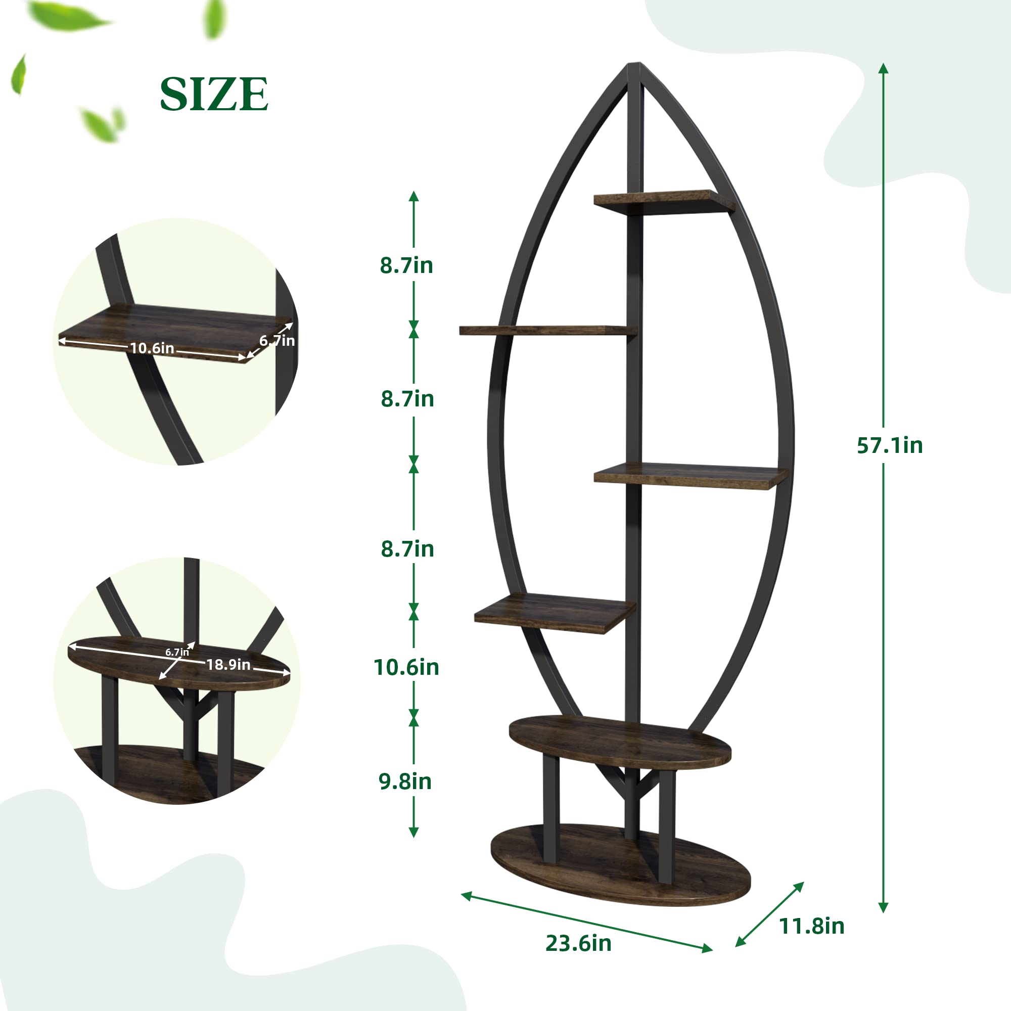 YOLENY 6-Tier Leaf-Shaped Plant Stand – White Metal & Wood Indoor Shelf