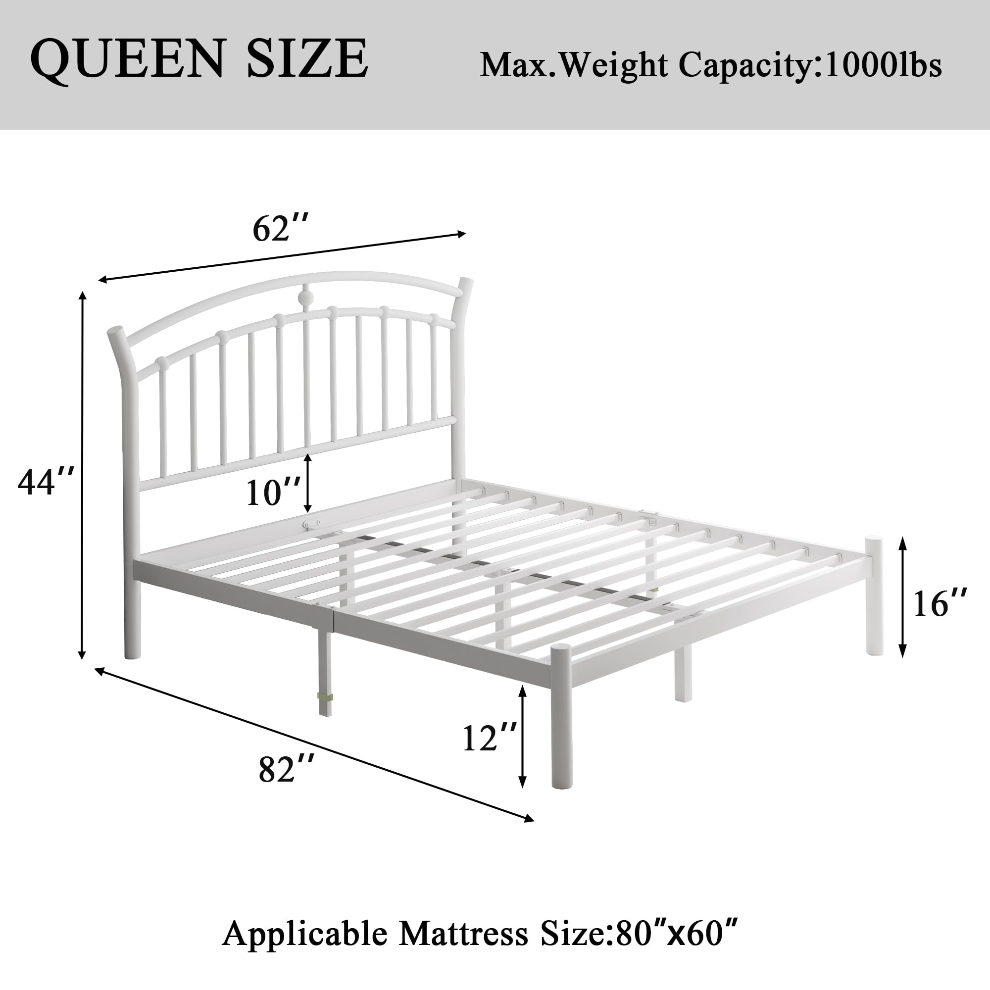Queen Size Metal Platform Bed Frame with Modern Iron-Art Headboard/Heavy Duty