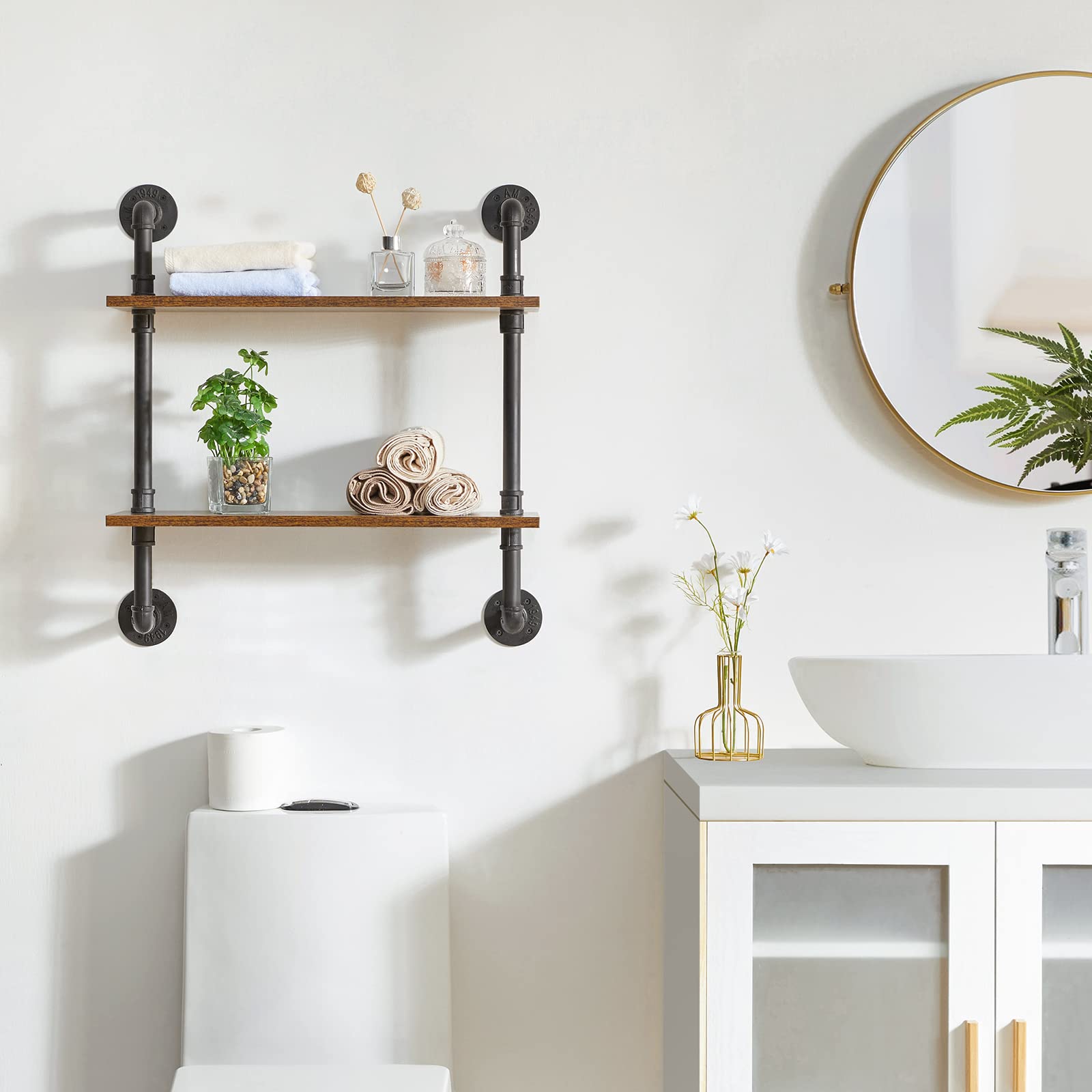 Industrial Pipe Shelf Bracket, 2 Tiers Retro Wall Mounted Floating Shelf, Wood DIY