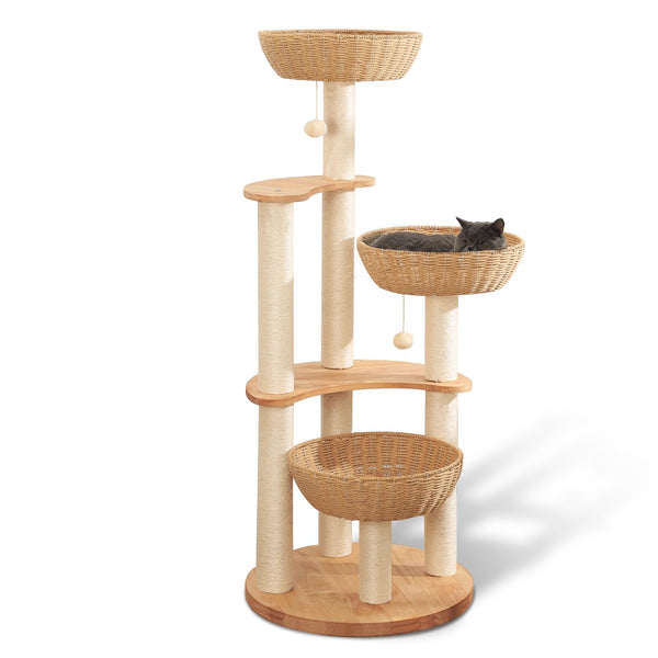 54" Modern Cat Tree Tower for Indoor Cats, Solid Oak Cat Scratching Tree
