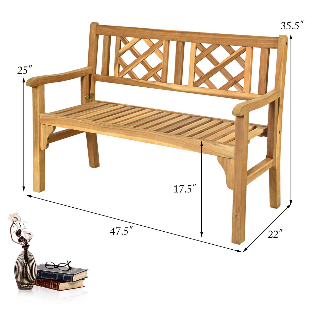 Patio Wooden Bench, 4 Ft Foldable Bench, Two Person Loveseat Chair