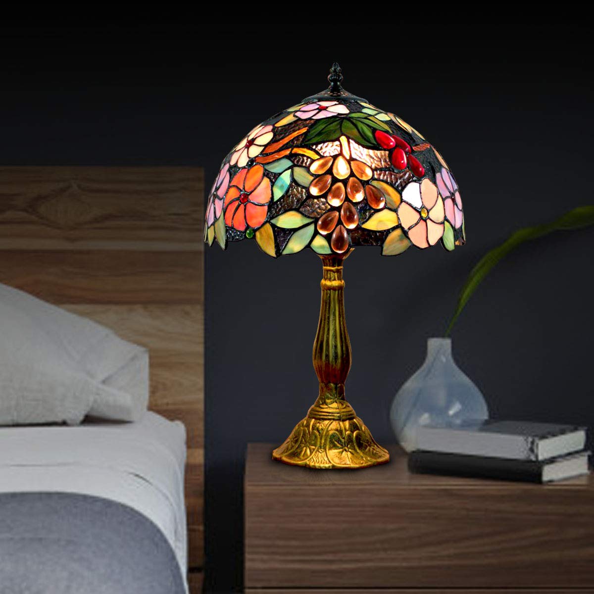 Bedside Table Lamp LED E26 Bulb Tiffany Stained Glass Grape Rose Handmade