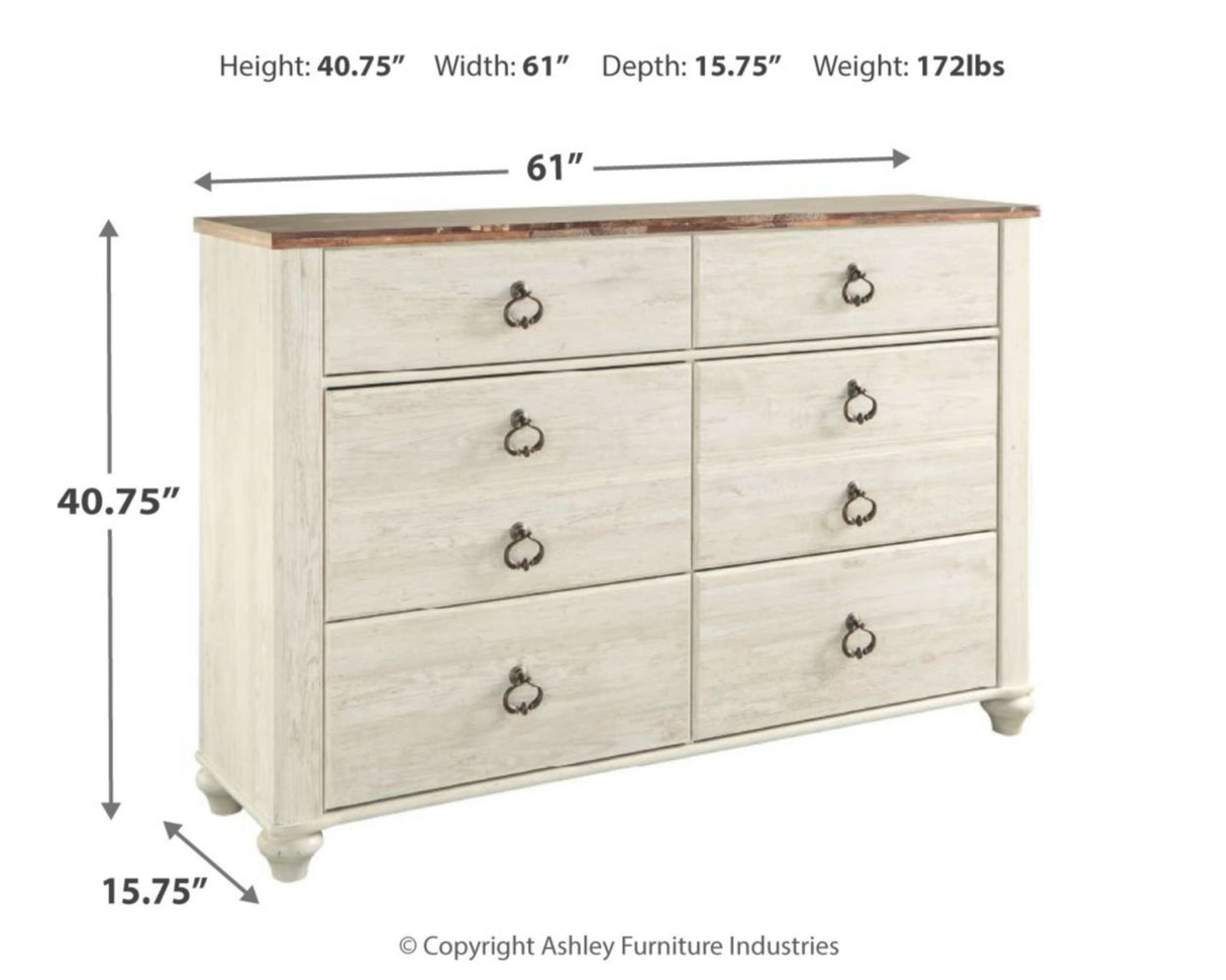 Willowton Coastal Cottage 6 Drawer Dresser with Faux Plank Top, Whitewash