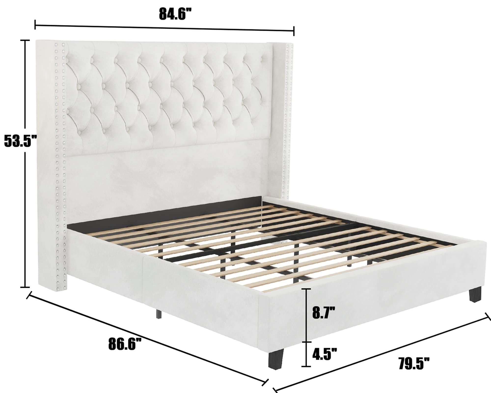 King Bed Frame Velvet Upholstered Bed with Deep Button Tufted/No Box Spring Needed