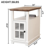 End Table with Charging Station, White Side Table with Storage, 2 Power outlets